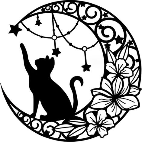 Chat sur la lune métal noir – sculpture ajourée rustique, déco murale moderne (1/4)