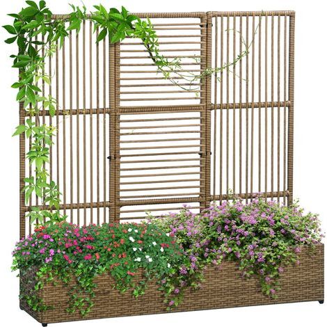 Blumenkasten mit Spalier, wetterfest, Polyrattan, 103 x 29 x 103 cm, Sandfarbe (1/5)