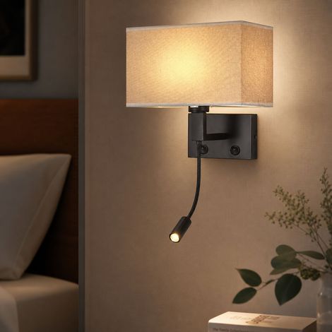 Applique murale liseuse avec spot orientable, abat-jour en tissu, structure en fer E27, design japonais pour chambre et couloir (1/5)