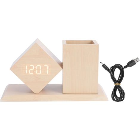 Réveil Numérique en Bois à Commande Vocale LED Horloge Bureau avec Porte Stylo (1/4)