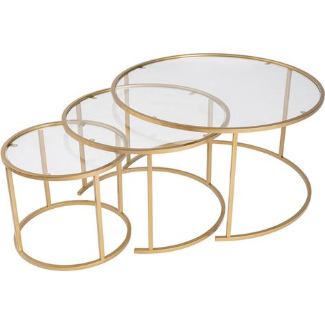 Dmora - Set mit 3 Couchtischen Carugate, Niedriger Wohnzimmertisch, Kaffeeregal, Couchtisch für Sofa, 80x80 h43 cm, Gold und Transparent (1/5)