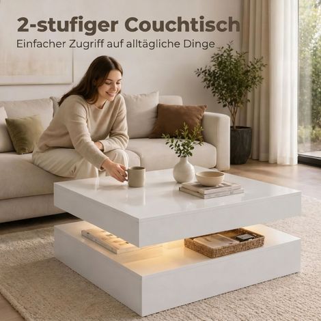 Table basse LED avec rangement, table moderne 2 niveaux, étagère ouverte et télécommande, blanc brillant (1/5)