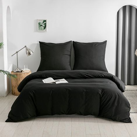Parure de lit 3 pièces, en 100% Polyester, Microfibre, Confortable, avec Fermeture éclair, 1 Housse de Couette et 2 taies d'oreiller (Noir, 200 x 200 cm + 80 x 80 cm x 2) (1/5)