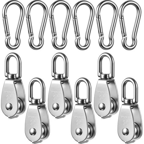 Lot de 6 poulies de treuil en acier inoxydable M20 pour cordes, pivotantes à 360°, pour voile d'ombrage, fitness, avec 6 mousquetons M6 (capacité de charge 75 kg) (1/5)
