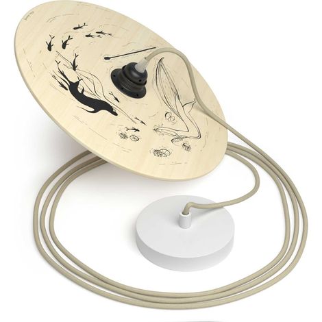 creative cables - Lampada a sospensione Made in Italy completa di cavo tessile, paralume in legno UFO double-face e finiture in metallo