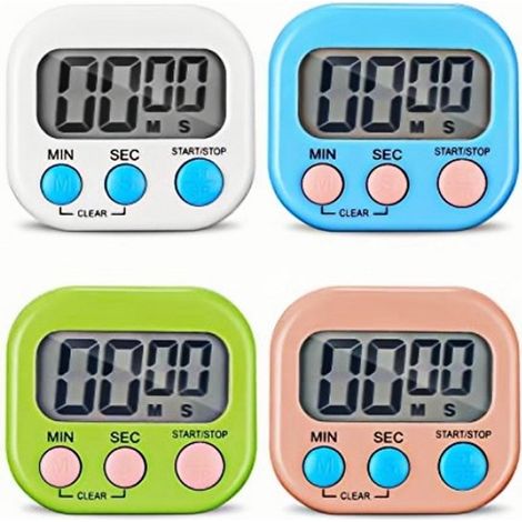 Lot de 4 minuteurs de cuisine magnétiques - Minuteur numérique à compte à rebours - Écran LCD - Alarme puissante - Pour cuisine, douche, salle de bain, salle de classe, sport (1/5)