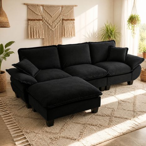 Divano angolare modulare 263x151x90 cm, design a barca a vela, pouf mobile, cuscini morbidi, chenille nero (1/5)