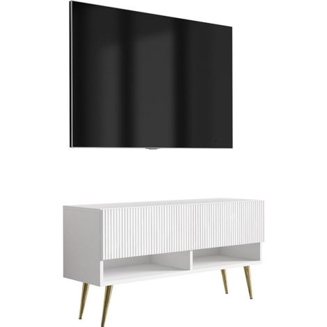 Meuble TV avec façade rainurée, blanc mat, pieds inclinés dorés, 100 × 32 × 52 cm (1/5)