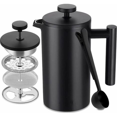 Cafetière à Piston INOX, Français Presse Café Isolation à Double Paroi de 1 L, avec 5 Filtres à Café et Cuillère Doseuse, 7-8 Tasses (1/4)