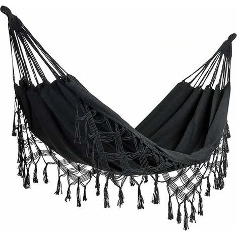 Double Hammock for Home or Outdoors, Indoor and Outdoor, Soft Cotton, Two Person, Patio, Yard, Porch, Lawn and Yard, Black, Max Load: 500 lbs (1/5)