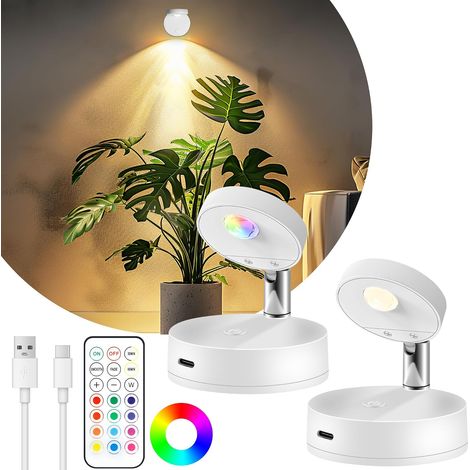 Lot de 2 spots LED rechargeables pour intérieur, éclairage RGB sans fil avec télécommande, lampe magnétique à piles pour tableaux, spots encastrés (1/5)