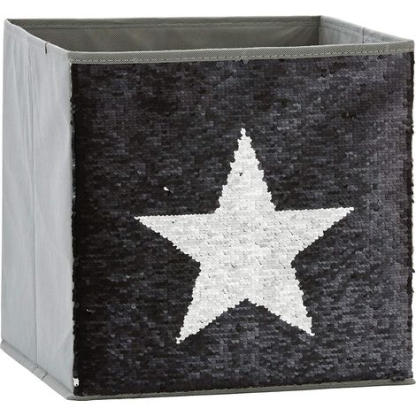 Cube De Rangement En Tissu Avec Paillettes Réversibles Pliable Renforcement Carton Compatible Étagère Cube 32x32x32cm Gris Motif Étoile Noir Ou Argent (1/5)