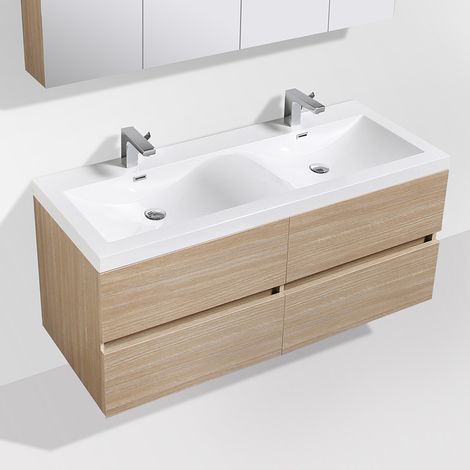 Stano. – Ensemble meuble de salle de bain suspendu double vasque 144 cm – Chêne clair texturé – Tiroirs silencieux avec amortisseurs – Plan en marbre blanc (1/6)
