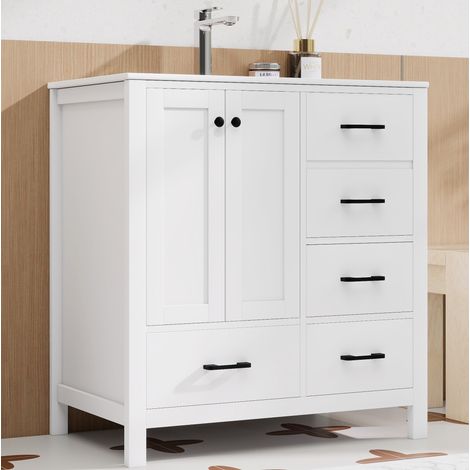 Mobile bagno con lavabo in MDF bianco, dimensioni 76x46x82 cm, con gambe, 4 cassetti, vano contenitore e lavabo in ceramica. (1/5)