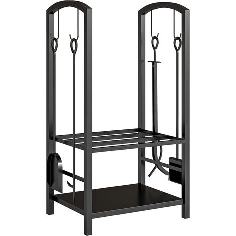 Porte-bûches serviteur de cheminée - 40L x 30l x 75H cm, métal noir - Multi-accessoires avec 2 étagères - Pour cheminée, salon - Design pratique et élégant (1/5)