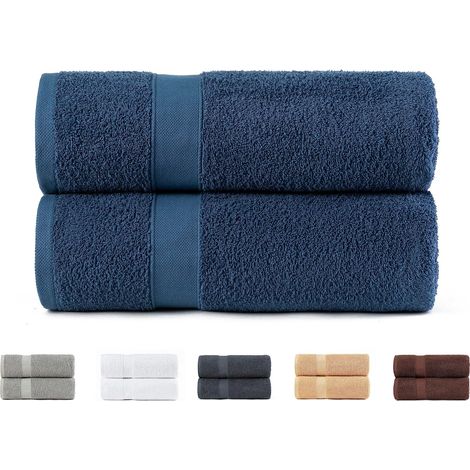 Lot de 2 serviettes de bain 100% coton 500 g/m², super douces, très absorbantes et à séchage rapide. Dimensions 70 x 140 cm, bleu marine.