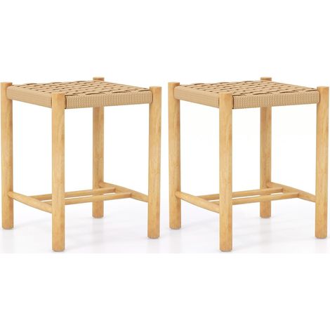 COSTWAY Juego de 2 Taburetes de Bar, Estructura de Madera de Goma y Asiento de Papel Tejido, Taburete sin Respaldo Rústico para Comedor, Cocina, 36 x 36 x 45 cm (1/5)