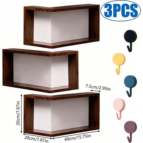 Set of 3 90 Degree Corner Floating Shelves, Wall Mounted Display Storage Rack for Figurines Statues Ornaments, Decorative Wall Shelving for Bedroom Lounge (1/5)