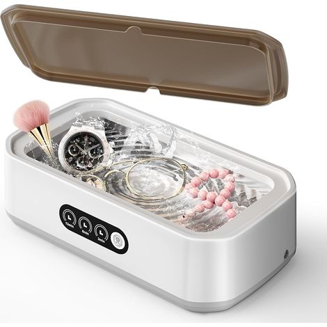 Appareil de nettoyage à ultrasons 49 000 Hz, appareil de nettoyage à ultrasons avec 3 fonctions de minuterie, machine de nettoyage à ultrasons pour nettoyer les lunettes, les bijoux, les montres, les (1/5)
