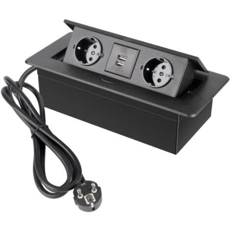 QORVA-Prise Encastrable Plan de Travail Noir, Multiprise Plan de Travail Cuisine avec 2 Prises + 2USB,Connecteur,1,5M Câble