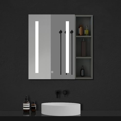 Ocean Armoire Miroir Salle de Bain LED, 70x60cm avec Prise Rasoir+Anti-Buée+3 Tons LED+armoire latérale, anthracite (1/5)