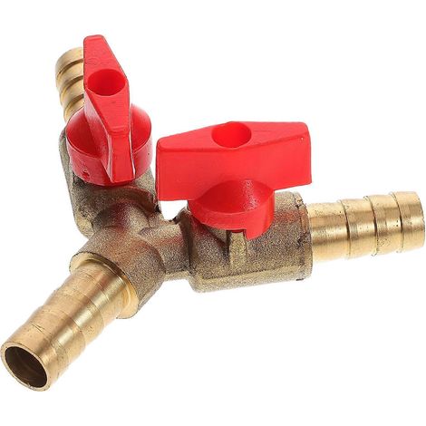 Raccord en T à trois voies en forme de Y pour la distribution de gaz, avec robinet d'arrêt à bille, embout cannelé et collier de serrage pour gaz combustible (cuivre 10 mm, rouge doré) (1/5)