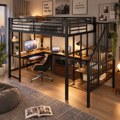 JOOKGBD-Lit Mezzanine Métal 120×200cm Style Industriel,Bureau Intégré avec Plateau pour Clavier, Échelle d’Angle Sécurisée, Port de Charge et Dispositif Anti-Basculement,Noir et Effet Bois Vieilli (1/5)