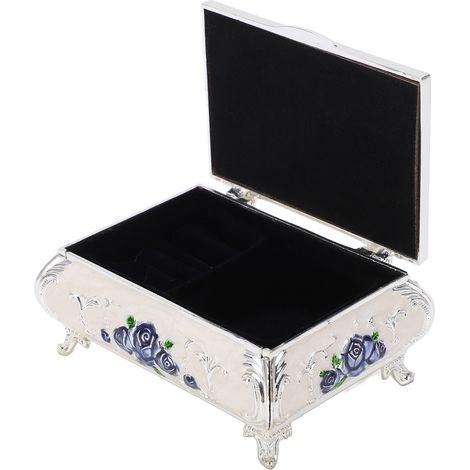 Boîte à bijoux vintage, motif roses vintage en relief, alliage de zinc, velours doux, couleurs vives, finition brillante et sécurisée, petite boîte à bijoux, roses argentées, blanches et bleues (1/5)