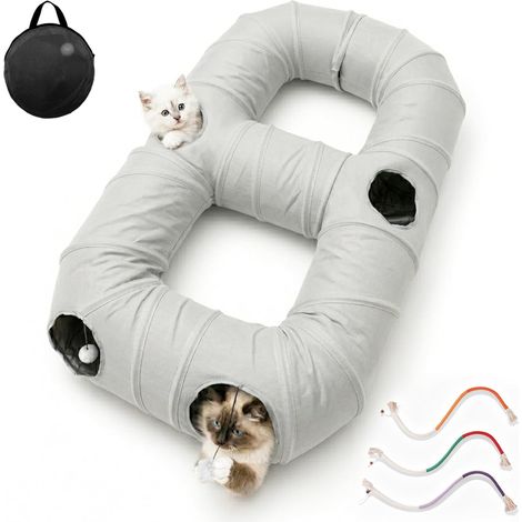Tunnel pour Chat en Forme de 8, Jouet avec Pompons Suspendus et Trous, Pop-Up Pliable, + 3 Jouets à Mâcher pour l’Hygiène Dentaire – pour Chatons, Chats, Lapins et Chiots (Gris Aspect suède) (1/5)
