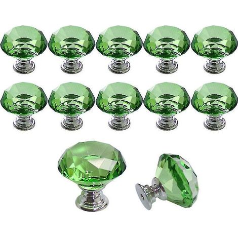 Set mit 10 Glastürknöpfen, 30 mm, Kristallrautenmuster, für Schubladen, Kommoden, Küchenschränke, grün. (1/5)