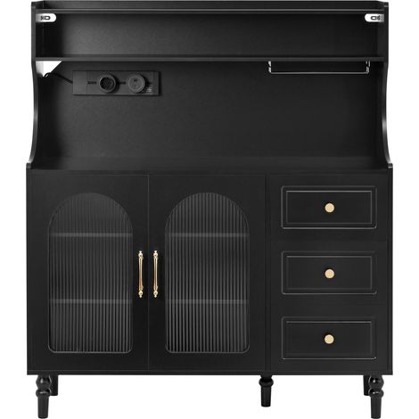 Credenza Alta da Cucina con 3 Cassetti, Ripiani Regolabili, Presa, USB e Portabicchieri, in MDF, 120x40x138.5 cm, Nero (1/5)