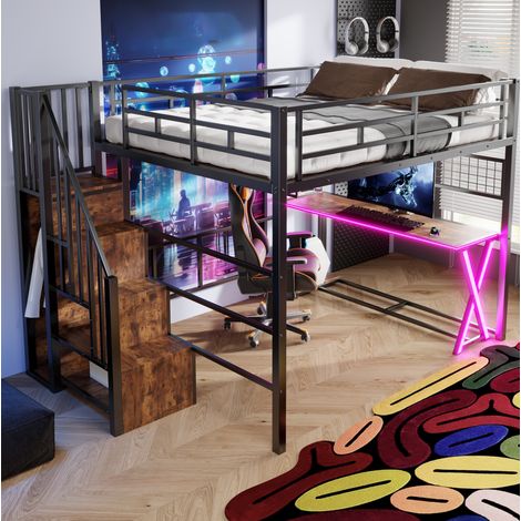 Cama alta 160x200 cm de metal y MDF negra con escritorio, sin colchón - CHICFURN (1/5)