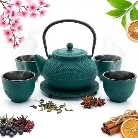 Gusseiserner Wasserkocher 1,5 l, Satin-Siebeinsatz, 4 Tassen und Ständer (1/5)