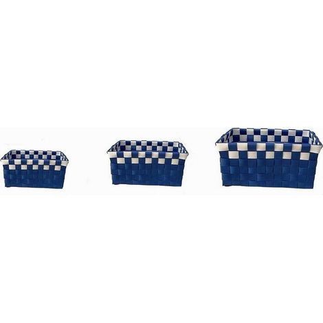 TRADE SHOP - Set 3 Cestini Portaoggetti Organizer Tessuto Bagno Rettangolari Blu Bianco 59082 -