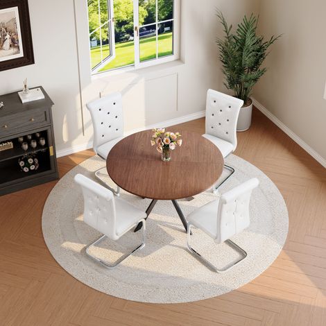 Ensemble de salle à manger avec table ronde en bois extensible et 4 chaises de salle à manger blanches, ensemble de cuisine gain de place en simili cuir avec capitonnage boutonné et structure porte-à-