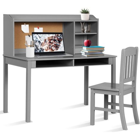 GOPLUS Bureau Enfant Fille Garcon, Table Chaise Enfant avec Étagères de Rangement, Tiroirs, Tableau en Liège, Table d'Étude et Chaise en Bois pour Chambre, Ecole (Gris) (1/5)