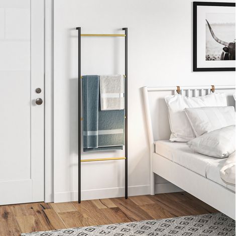 Scala portasciugamani in bambù e acciaio nero 49 x 167,5 cm con 4 barre (1/5)