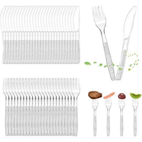 Couvert Plastique - Reutilisable - Couteau Et Fourchette - 200 Pieces - 16 3 Cm Et 14 5 Cm - Pour Mariages Et Evenements (1/4)