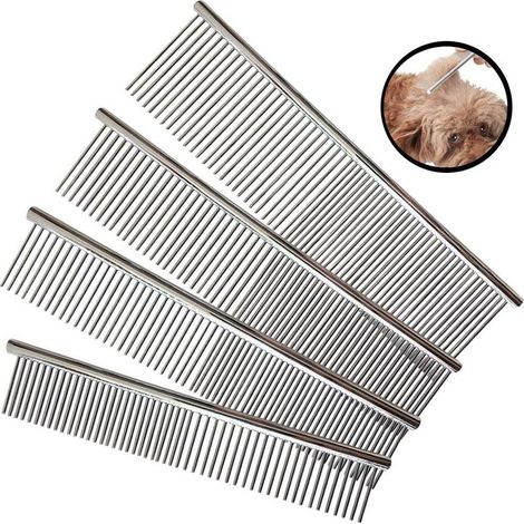 Toilettage Peigne pour Animaux, 4 pièces (16 x 3cm, 19 x 3.5cm, 19 x 4cm, 19 x 5cm) Peignes de toilettage en Acier Inoxydable pour Chiens et Chats, Barber Outils de Toilettage (1/5)