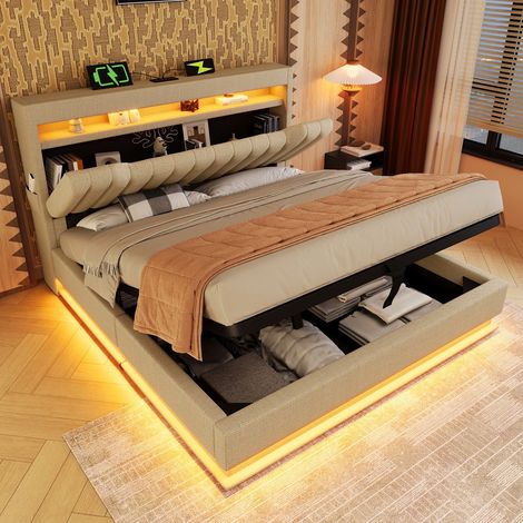 Polsterbett 140x190 mit Stauraum und LED-Beleuchtung, Doppelbett aus Leinen mit USB-Anschluss und hydraulischem Bettkasten, Beige (1/5)