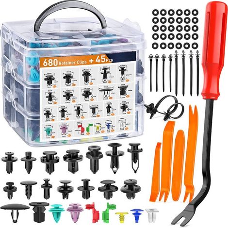 Kit de 725 Clips de Fixation Automobile en Nylon – 23 Tailles, 10 Attaches Câble et Outil d’Extraction