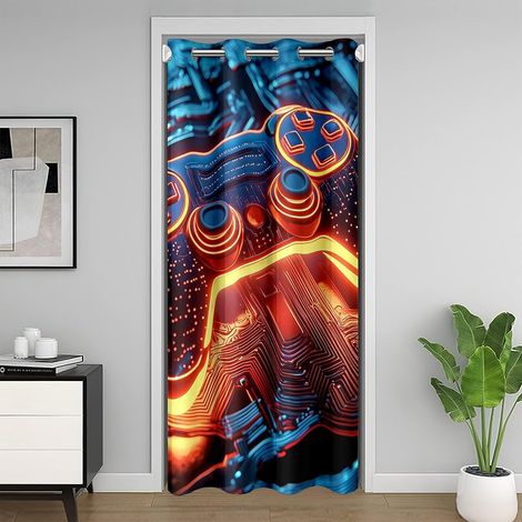 Console de Jeu Rideau Porte,Jeux Modernes Rideau de Porte pour Enfant Adultes À la Porte Jeu Privé,Bleu Orange Gamepad Rideaux de Séparation de Chambre,Jeux Vidéo pour Garçons Rideau Occultant 86x203
