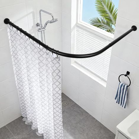 Tringle à rideau de douche pour baignoire, barre de rideau de douche en forme de L en trois variantes 68 x 98 cm/68 x 98 cm, fixation murale, barre de douche incurvée, acier revêtu de poudre noir (1/5)