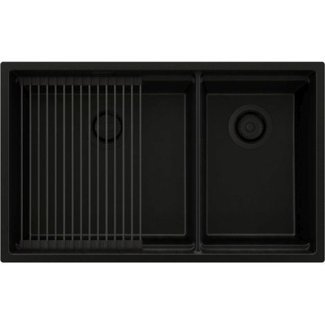 PRIMAGRAN Evier Cuisine en Granit 76x47cm,Lavabo 2 bacs + Kit de Vidage + Égouttoir Enroulable, Évier à Encastrer au meuble 80cm - Prague Slim Duo, Tout Noir