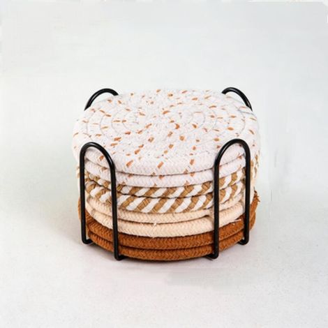 Juego de 8 posavasos absorbentes con soporte, de algodón, que miden 11 x 11 x 7,3 cm, en tonos marrones. (1/5)