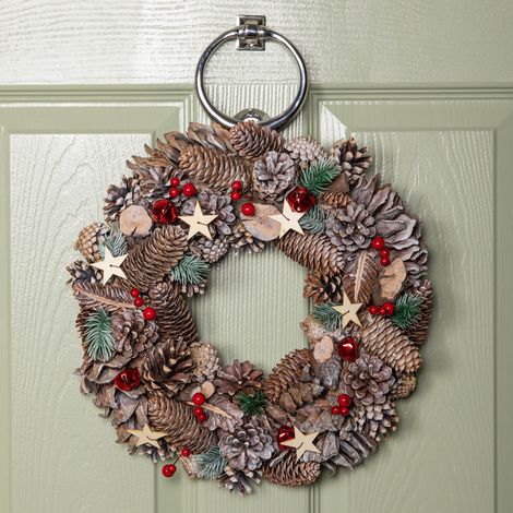 36cm Frosted Hanging Christmas Wreath with Red Jingle Bells & Wooden Stars (1/5)