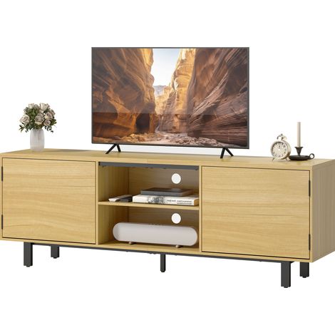 160 cm hoher TV-Ständer aus Naturholz, 65-Zoll-Halterung, 2 Türen mit Push-Lock-Verschluss und 2 Ablagen, 160 x 35 x 55,5 cm