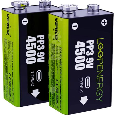 Verico LoopEnergy USB-C Batteria ricaricabile da 9 V Li-Ion 500 mAh 7.4 V 2 pz.