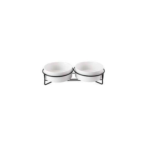 CSPARKV (28.5×14.5×7cm)Blanc+Blanc Gamelle Chat Surélevée, Gamelle Eau Chat en Céramique avec Support Métal, Double Gamelle Anti Renversement, 2x400ml