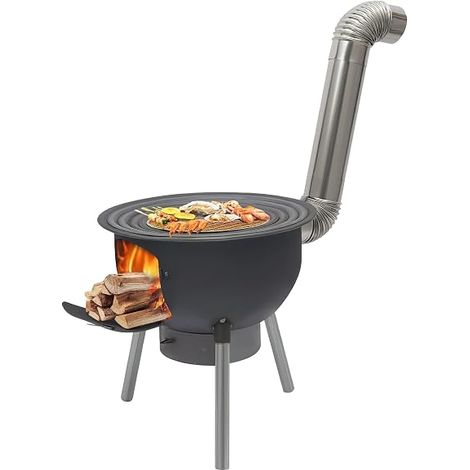 Four à bois portable avec 3/4 anneaux de cuisson et boîte à cendres – Pieds de four amovibles, four robuste en tôle d'acier avec ventilation et cheminée, four à bois pour camping, pique-nique et (1/5)